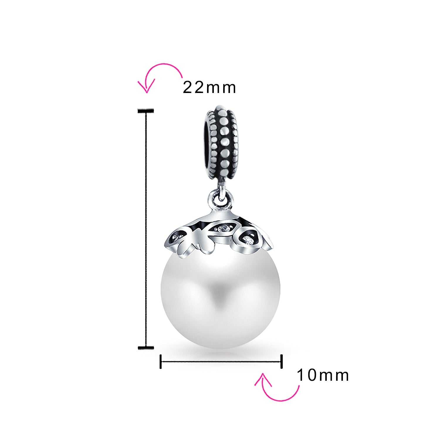 .925 Sterling Silver Bali Filigree Cap Faux White Pearl Heart Dangle Charm Bead June Birthstone