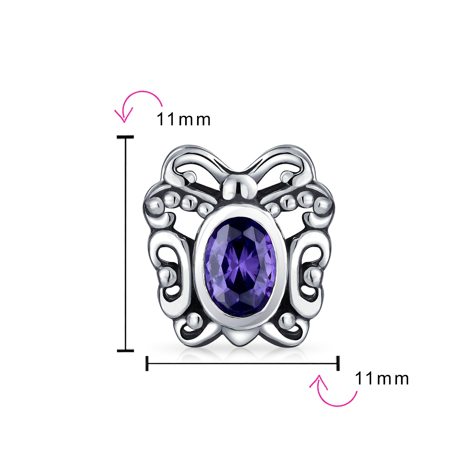 .925 Sterling Silver Purple Butterfly CZ & Lilac Purple Charm Bead (3-Pc Set)