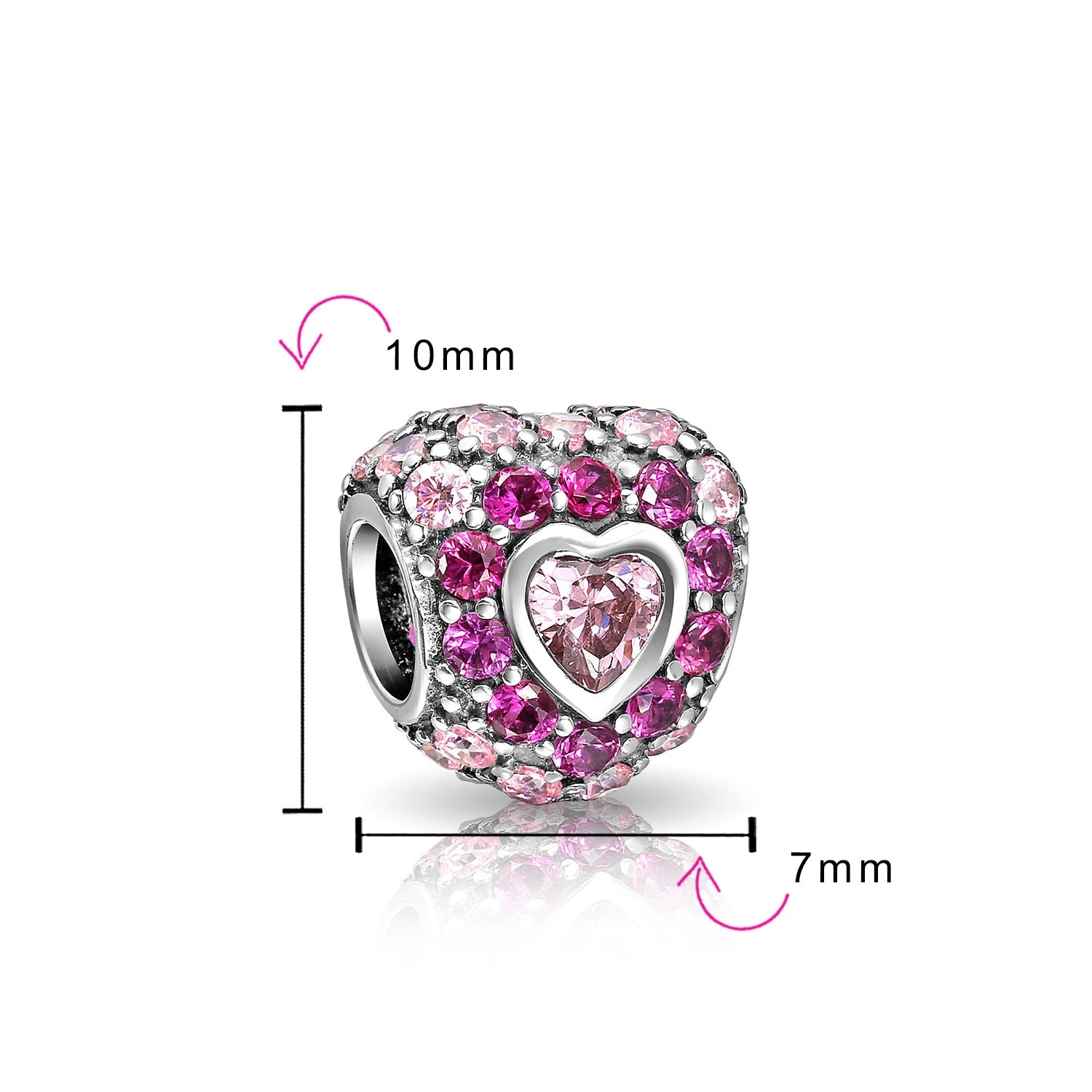 Sterling Silver Hot Pink Fuchsia Cubic Zirconia CZ Pave Heart Charm Bead Sterling for Bracelet (Set)