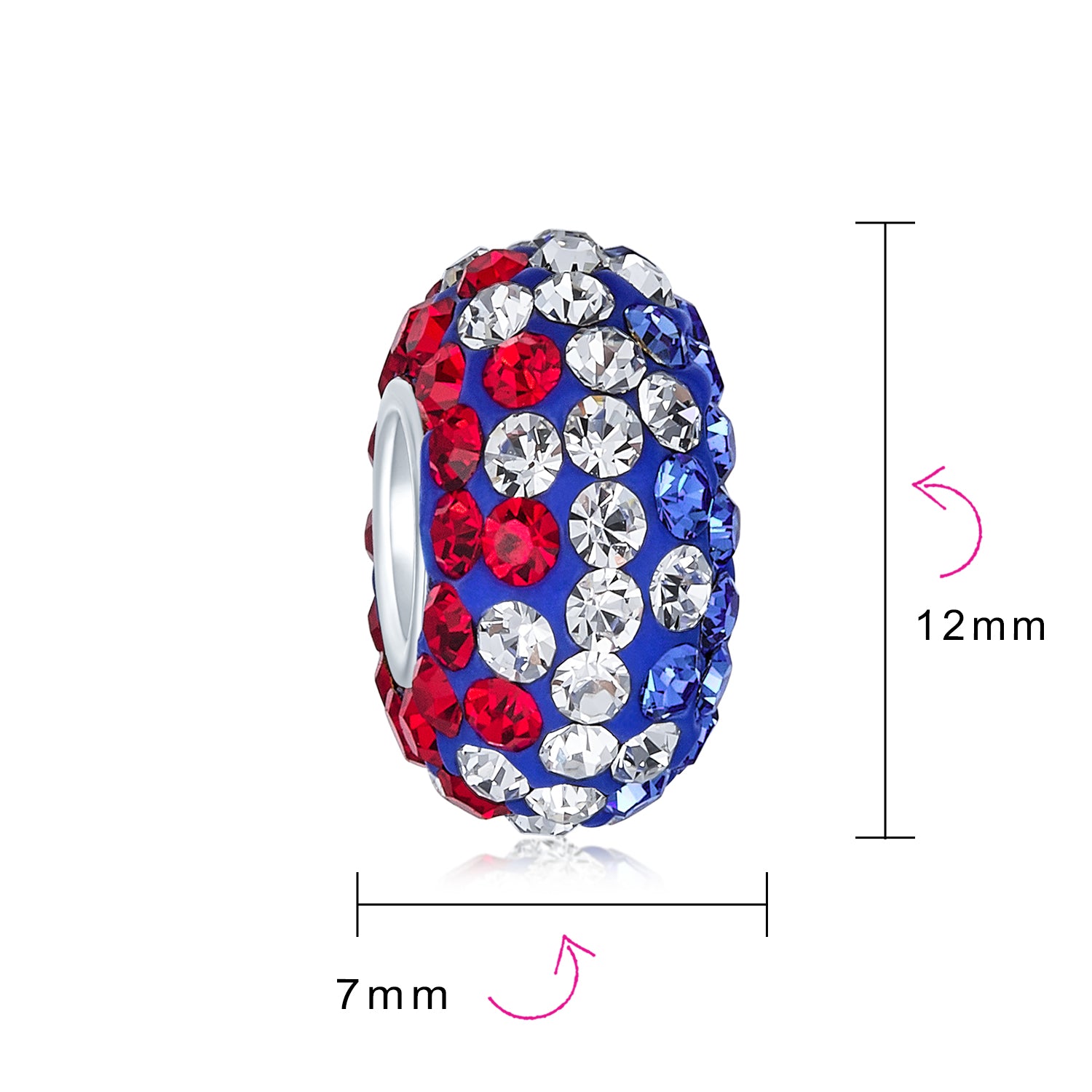 Sterling Silver Red White Blue Patriotic Striped Crystal Spacer Charm Bead Core for Bracelet (Set)