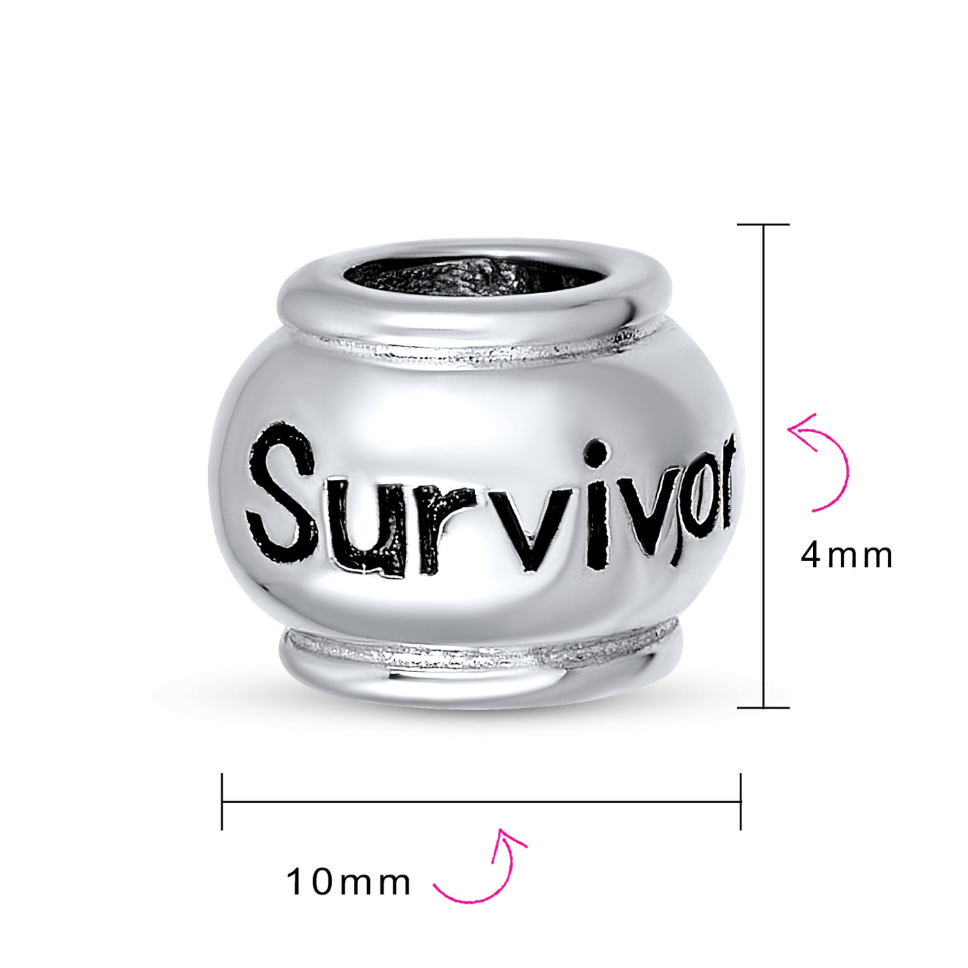 Set of 2 Ribbon Breast Cancer Survivor Message Dangle Charm Bead Silver