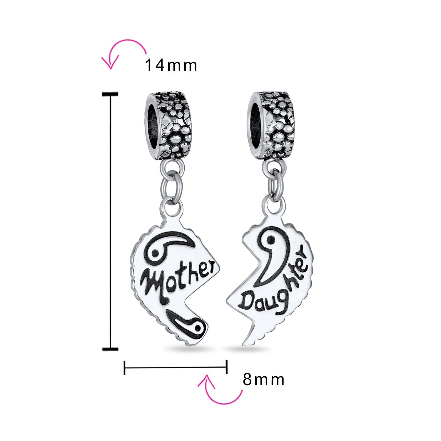 Sterling Silver Mother Daughter Puzzle 2 Piece Split Heart Sisters Bead Charm For Mom for Bracelet