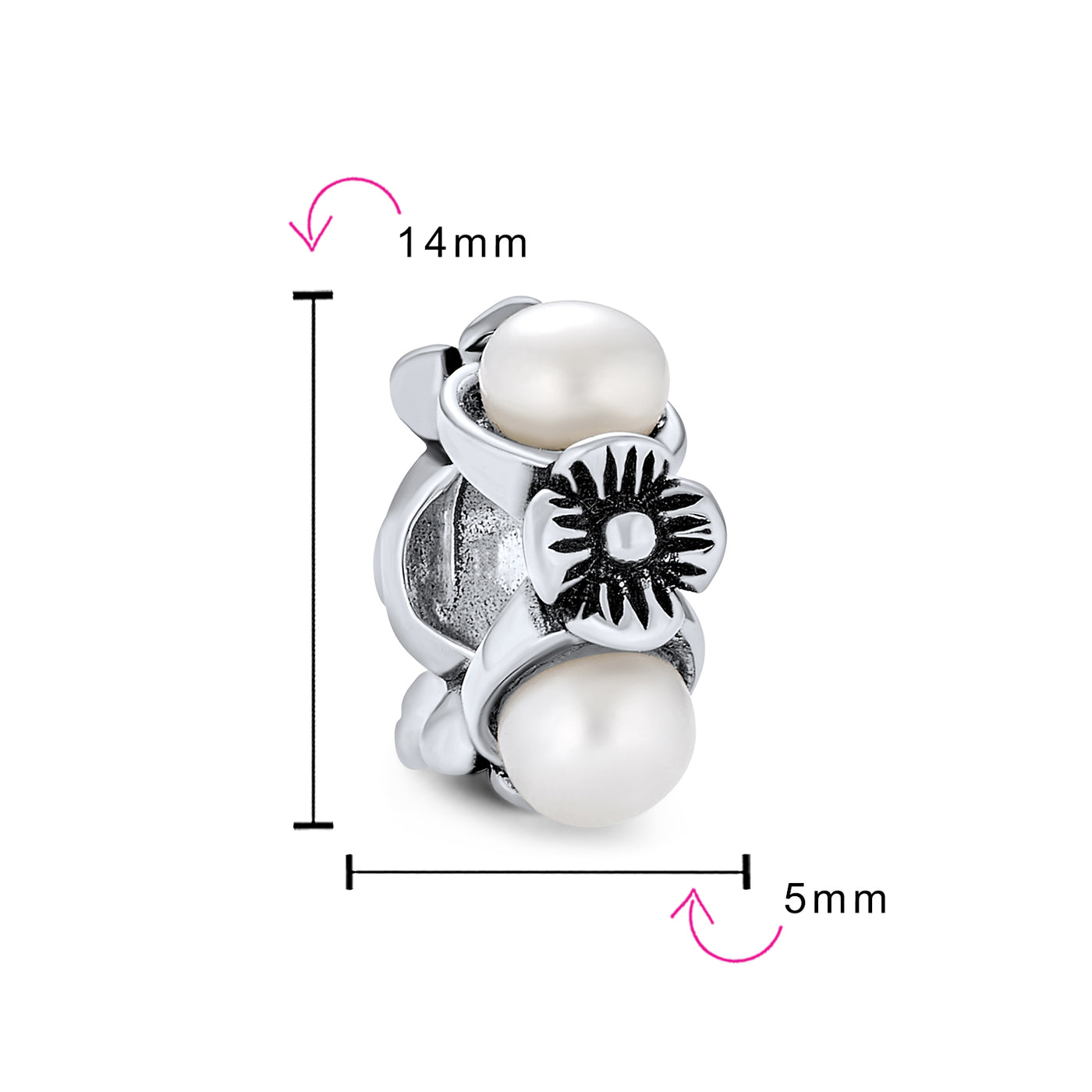 Set of 2 White Simulated Pearl Flower Charm Bead Sterling Silver for Bracelet