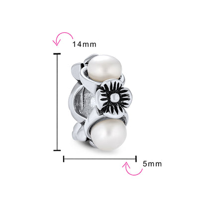 Set of 2 White Simulated Pearl Flower Charm Bead Sterling Silver for Bracelet