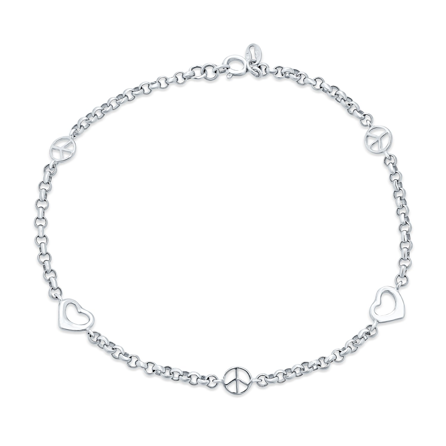 Peace Sign & Hearts Charm Anklet Ankle Bracelet .925 Sterling Silver Adjustable 9-10 Inch
