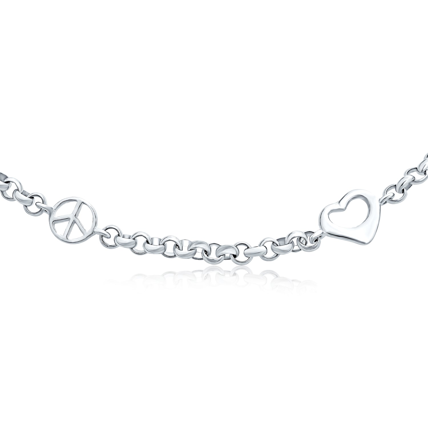 Peace Sign & Hearts Charm Anklet Ankle Bracelet .925 Sterling Silver Adjustable 9-10 Inch