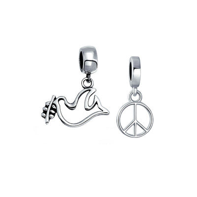 Set of 2 Inspirational World Peace Sign Dove Dangle Charm Bead Sterling Silver