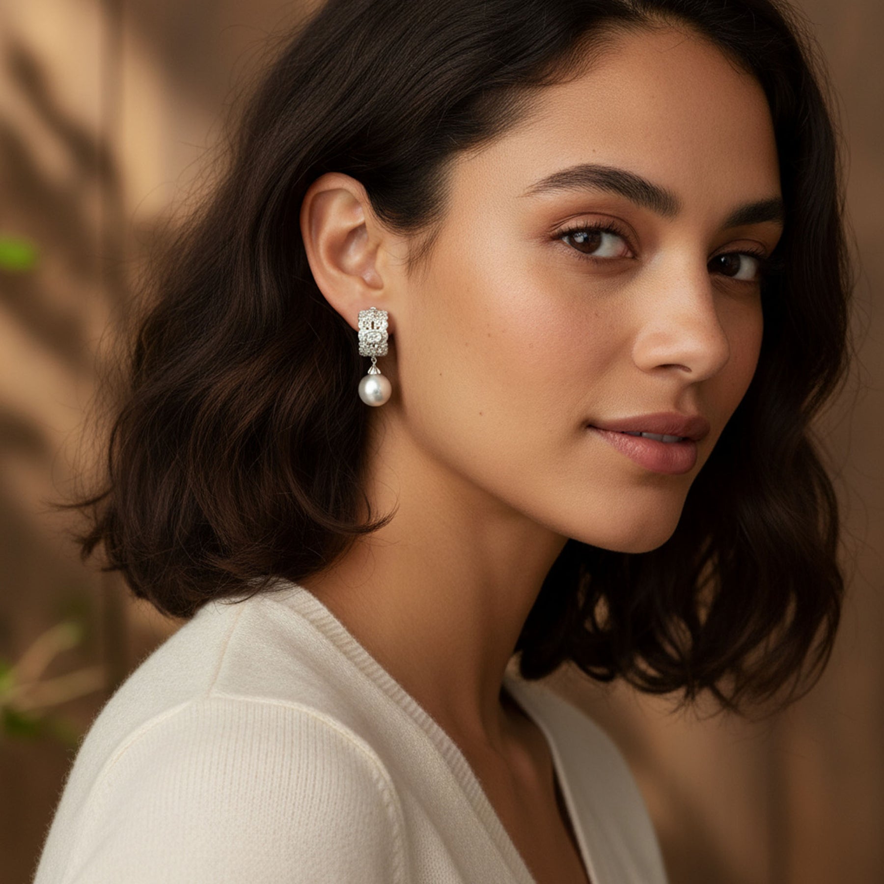 Bridal Jewelry - Milgrain Vintage Filigree Faux White Pearl Drops Half Hoop Earrings Pave CZ Accent