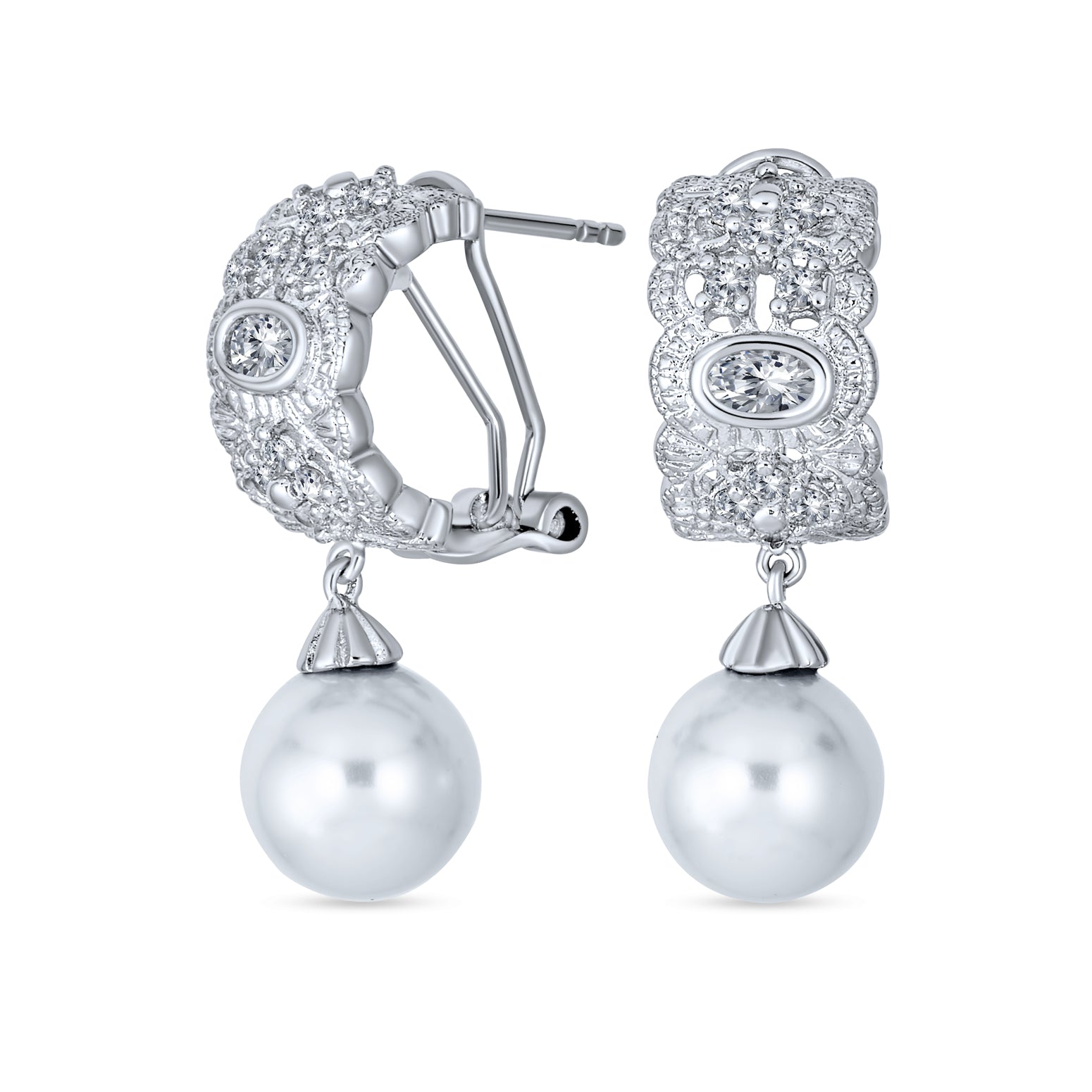 Bridal Jewelry - Milgrain Vintage Filigree Faux White Pearl Drops Half Hoop Earrings Pave CZ Accent