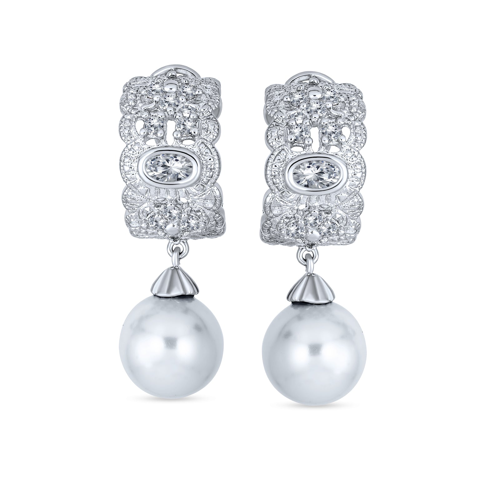 Bridal Jewelry - Milgrain Vintage Filigree Faux White Pearl Drops Half Hoop Earrings Pave CZ Accent