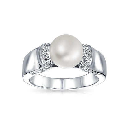 Art Deco Cocktail Statement Ring with CZ and Freshwater Pearl Silver Plated Brass