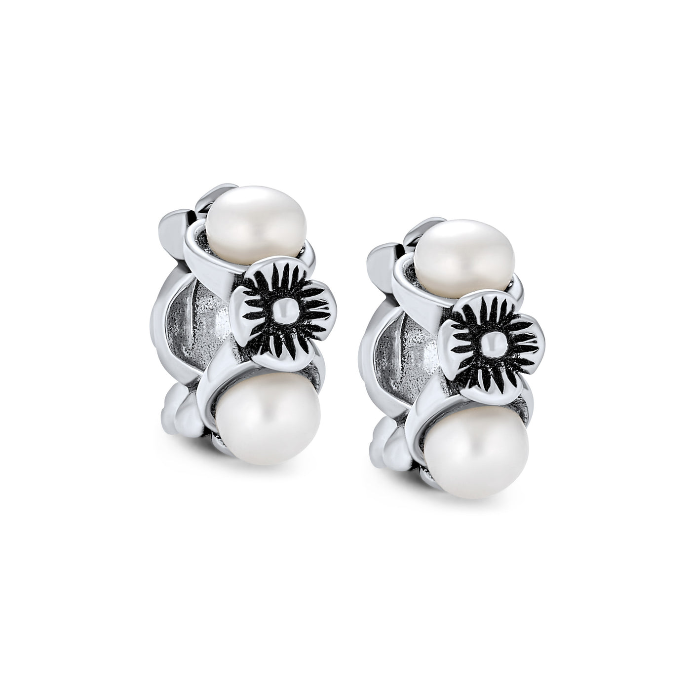 Set of 2 White Simulated Pearl Flower Charm Bead Sterling Silver for Bracelet
