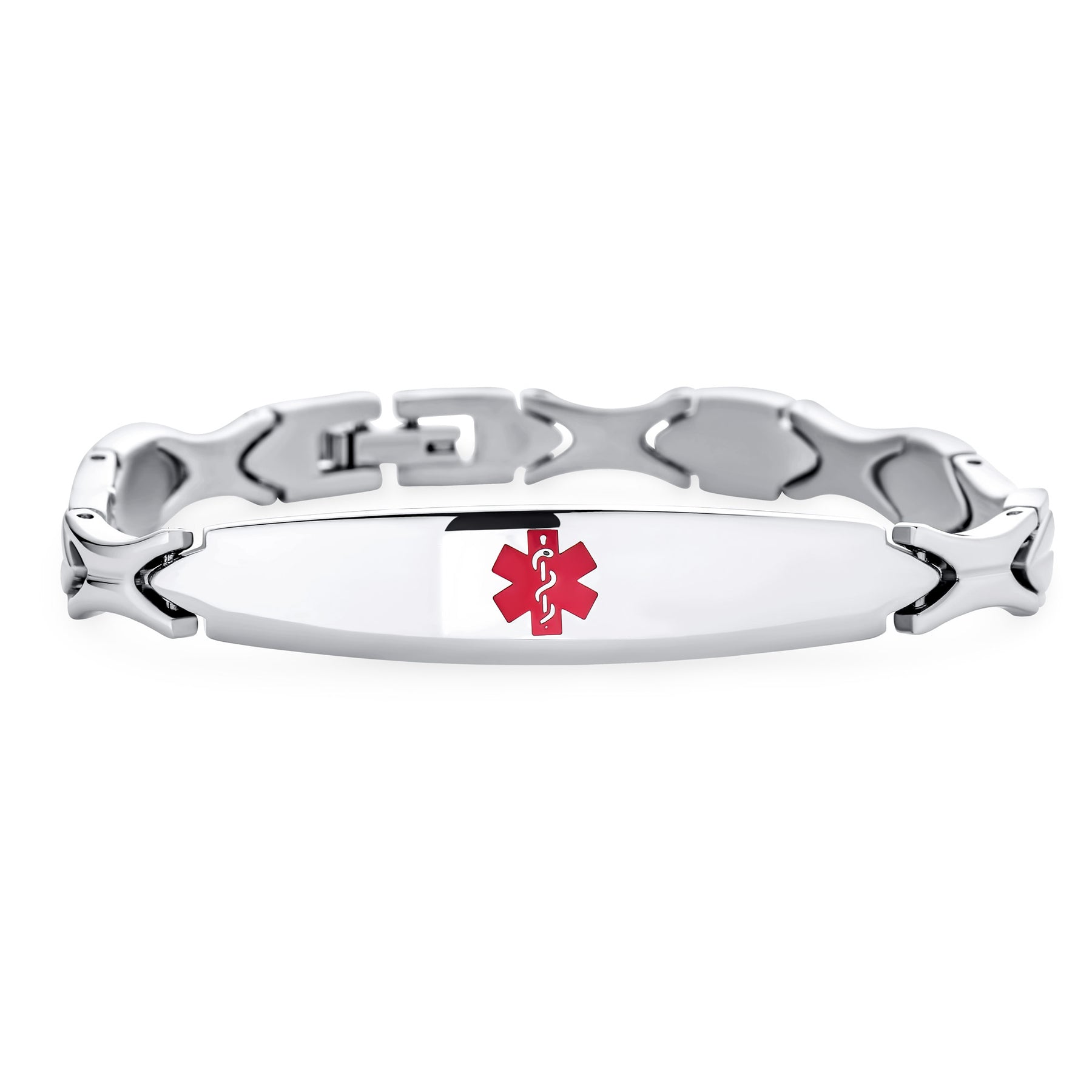 Medical ID Bracelet Set Two Leaf Link Chain Identification Name Plated Red Alert Stainless Steel