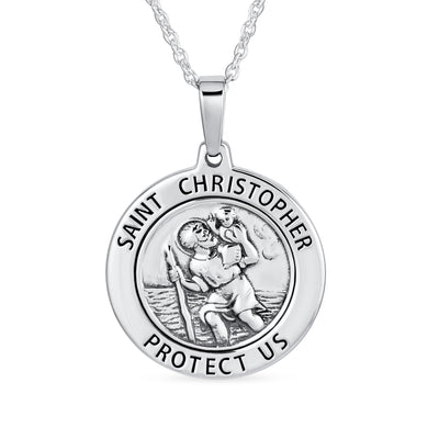 Large Saint Christopher Pendant Necklace Patron of Safe Travel Sterling Silver