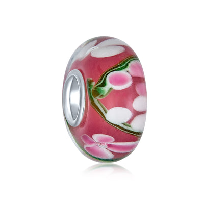 Set of 4 Pink Red Floral Hibiscus Glass Charm Bead Silver for European Bracelet
