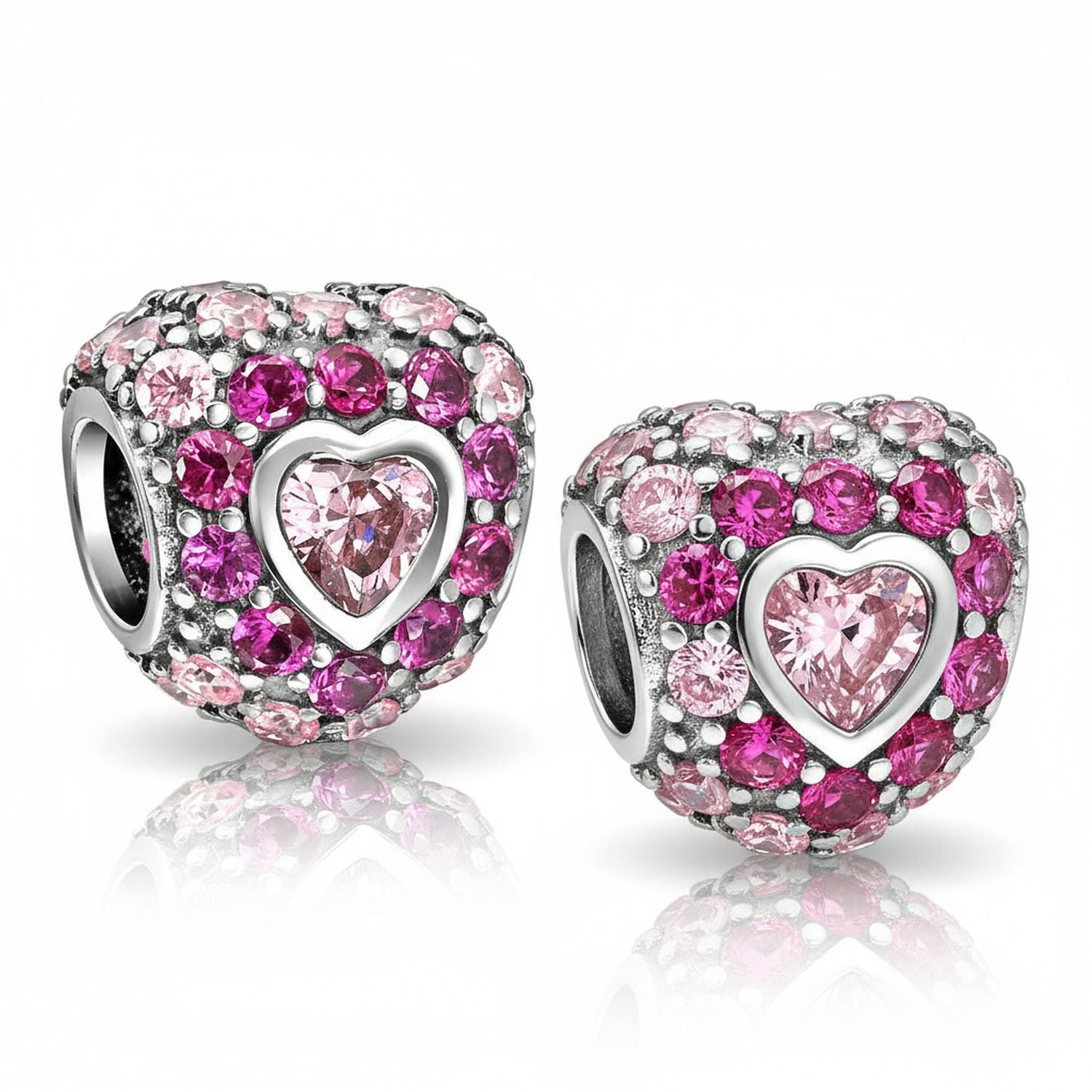 Sterling Silver Hot Pink Fuchsia Cubic Zirconia CZ Pave Heart Charm Bead Sterling for Bracelet (Set)