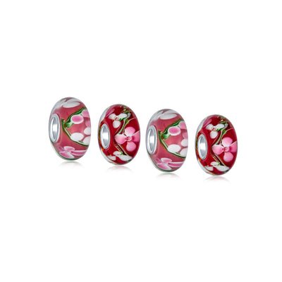 Set of 4 Pink Red Floral Hibiscus Glass Charm Bead Silver for European Bracelet