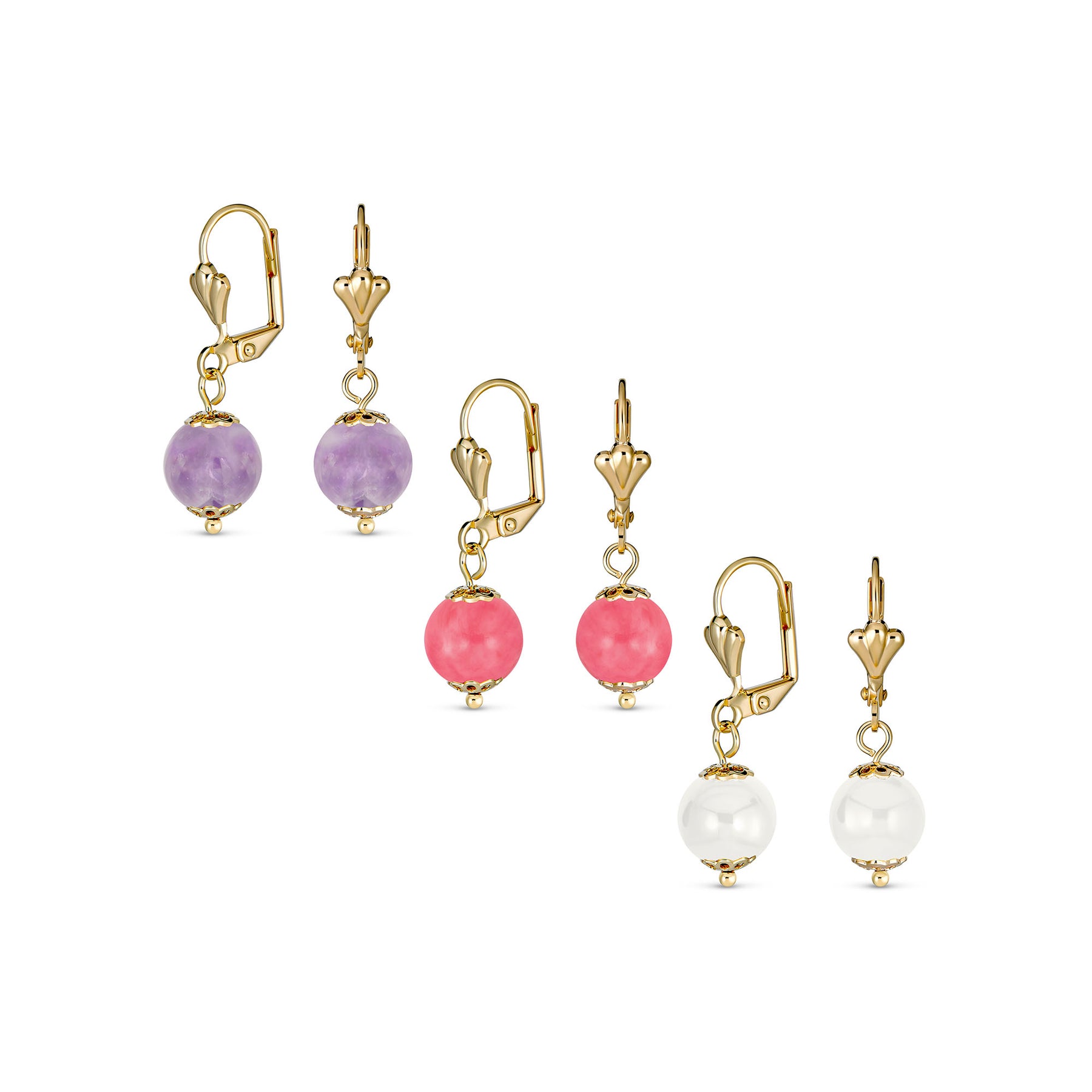 Purple Amethyst Pink Quartz White Onyx Dangle Ball Drop Earrings Gold Plated Lever Back (Set of 3)