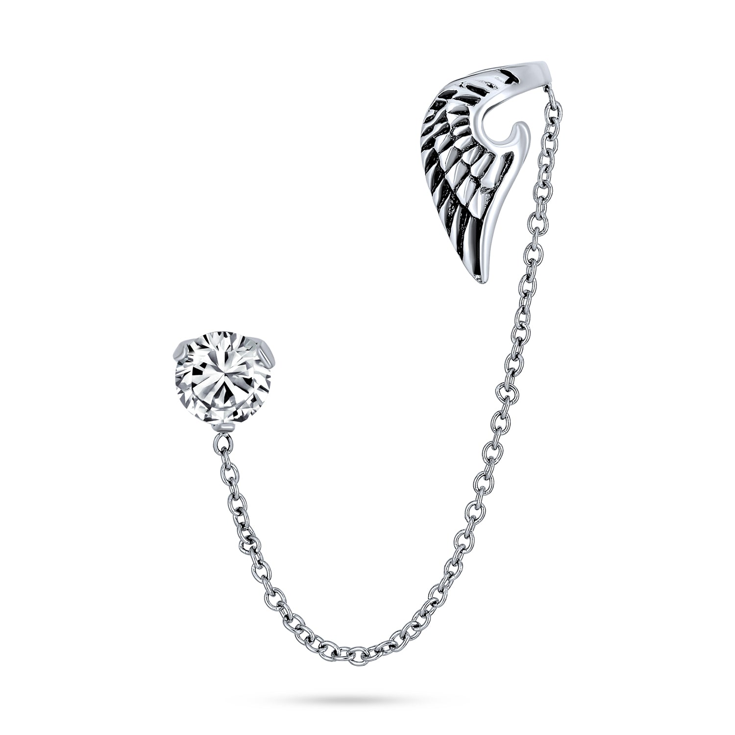 Guardian Angel Wing Cartilage Ear Lobe Helix Chain Ear Cuff CZ Stud Earring 1 Piece Stainless Steel