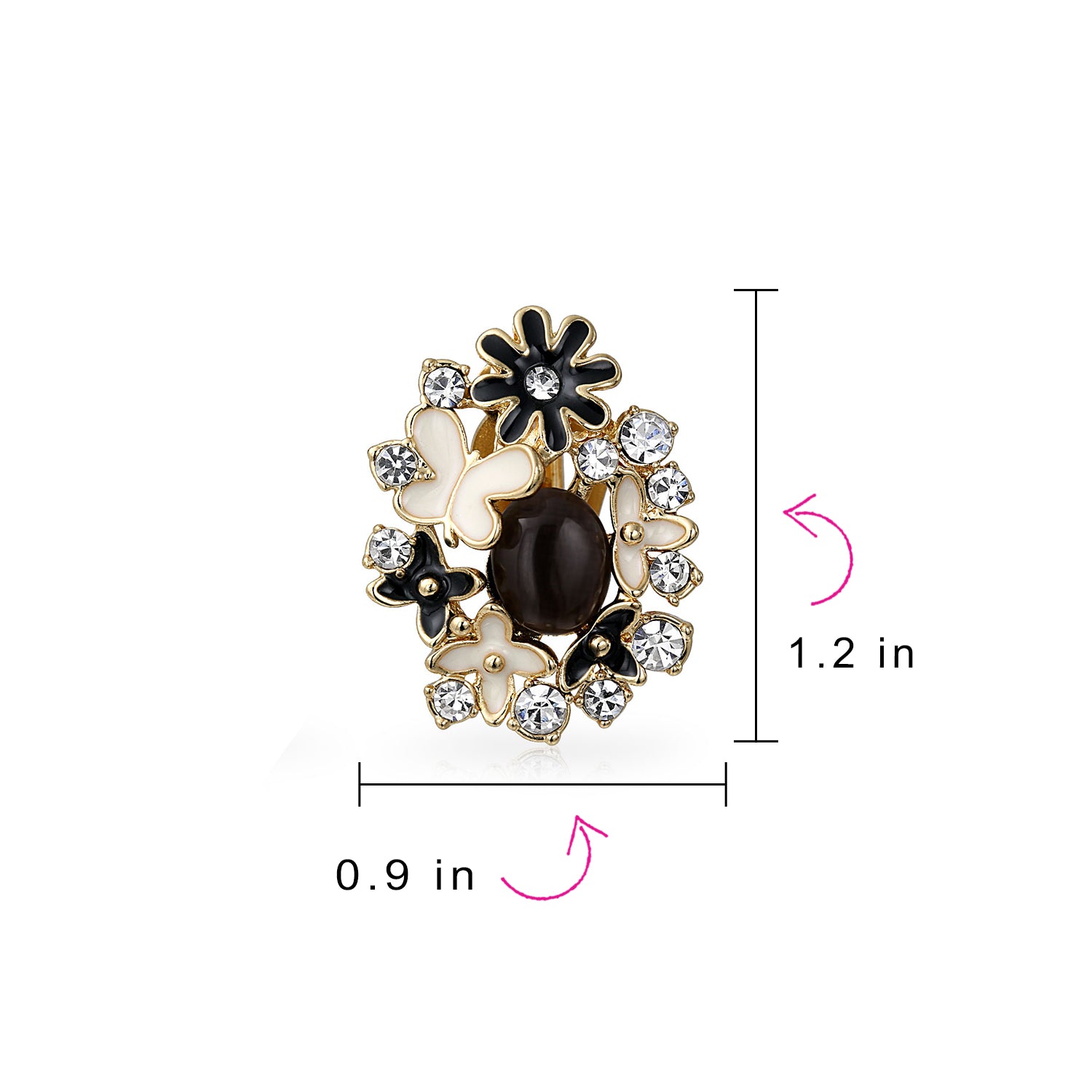 Pink Purple Black White Cats Eye Garden Butterflies Flower Clip On Earrings Gold Plated (Set of 2)