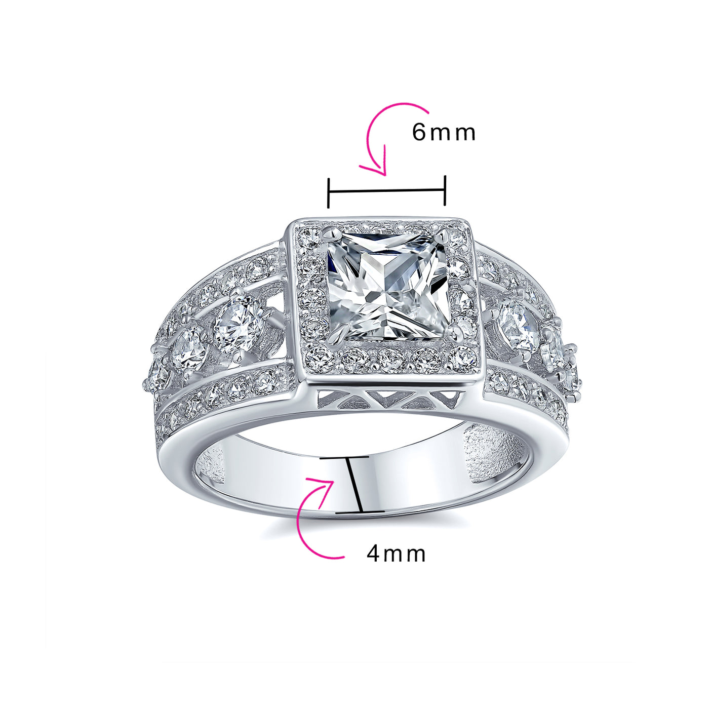 Square Cut Halo AAA CZ Art Deco Princess Engagement Ring, 3 Row Band Silver