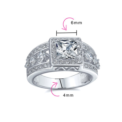 Square Cut Halo AAA CZ Art Deco Princess Engagement Ring, 3 Row Band Silver