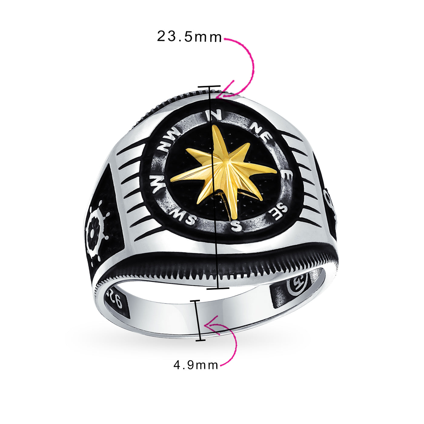 Mens Large Boat Wheel Compass Signet Ring Black Gold-Tone .925 Silver