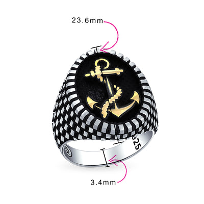 Men Large Rope Anchor Signet Ring Checker Board Black .925 Silver