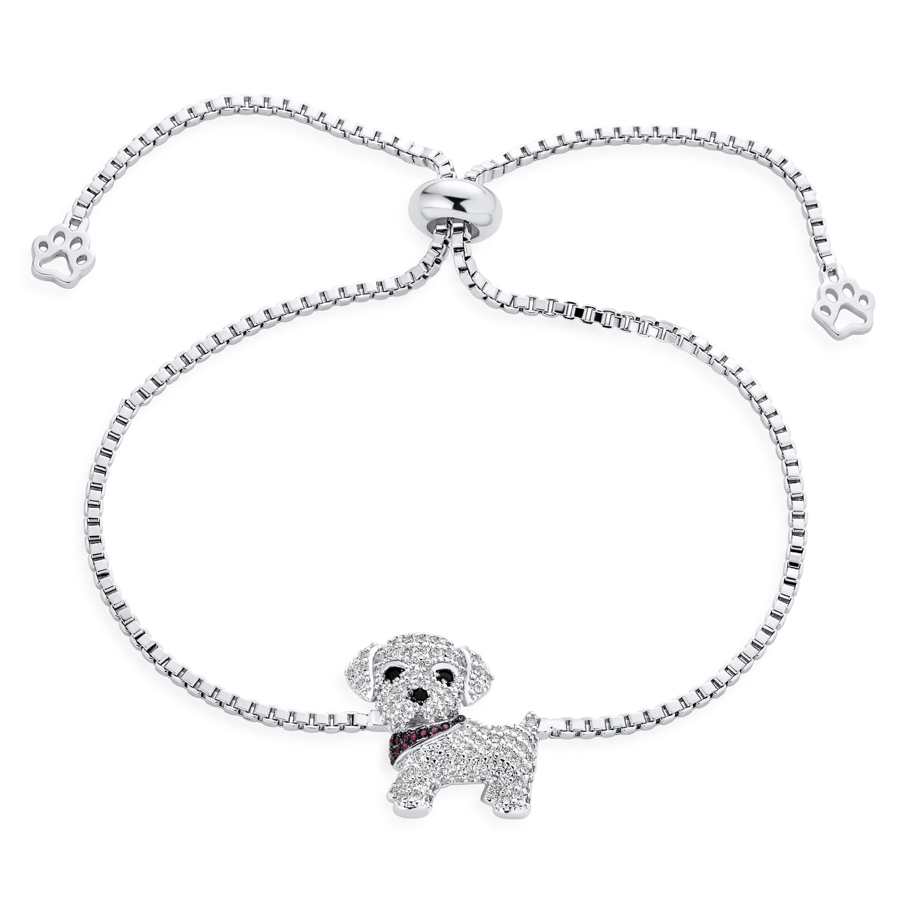Animal Pet Jewelry Dog Bolo Bracelet Cubic Zirconia Pave CZ Sliding Clasp Silver Plated Adjustable