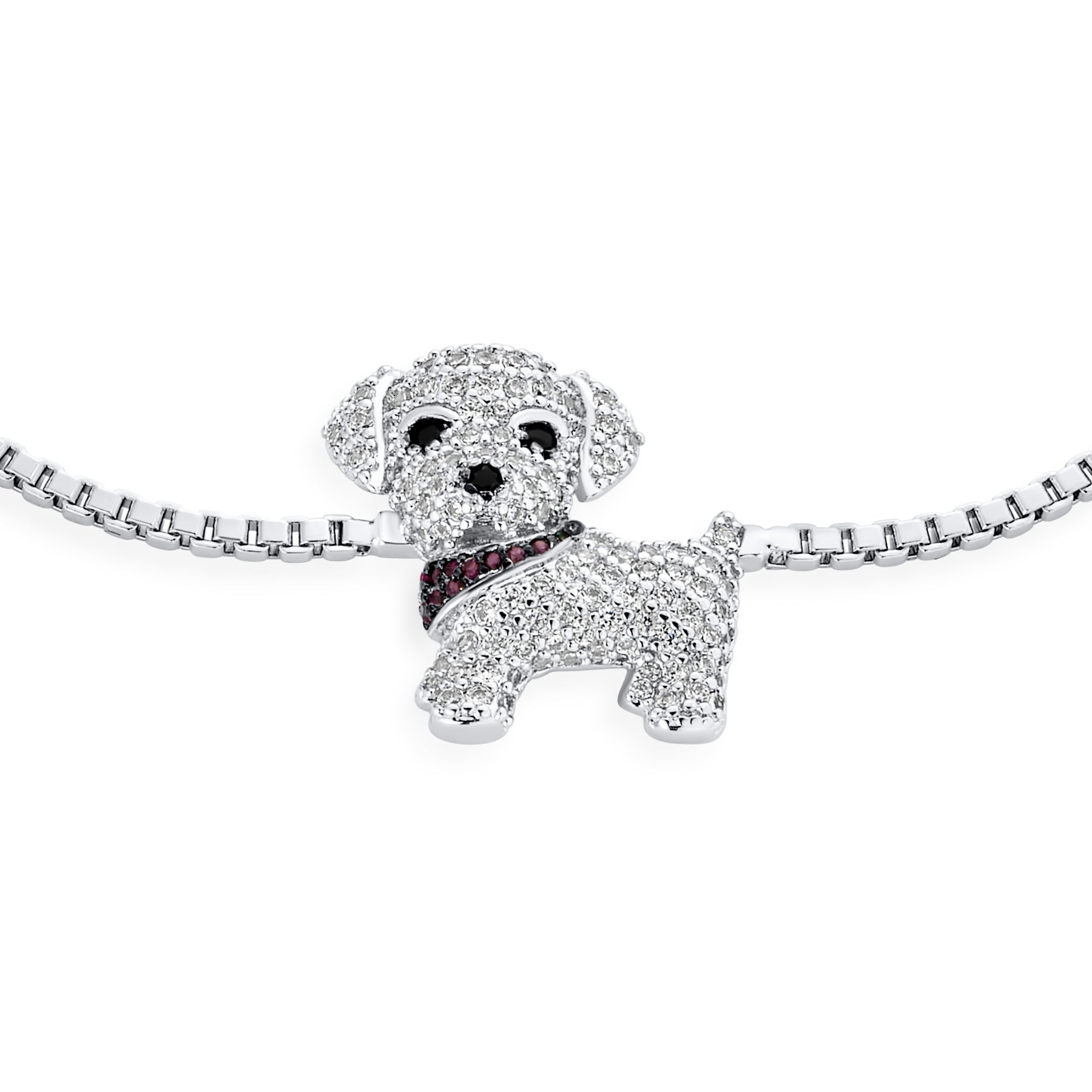 Animal Pet Jewelry Dog Bolo Bracelet Cubic Zirconia Pave CZ Sliding Clasp Silver Plated Adjustable