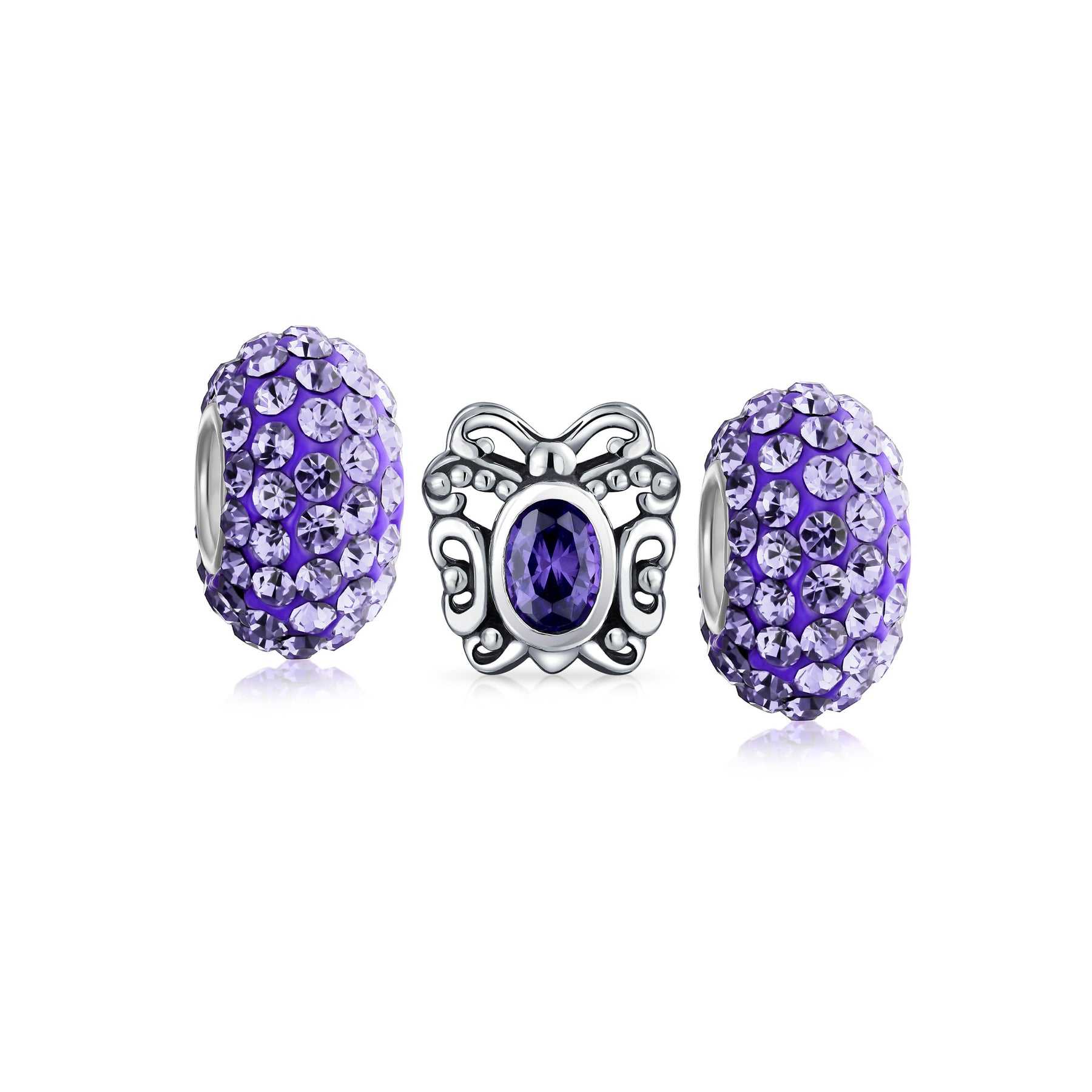 .925 Sterling Silver Purple Butterfly CZ & Lilac Purple Charm Bead (3-Pc Set)