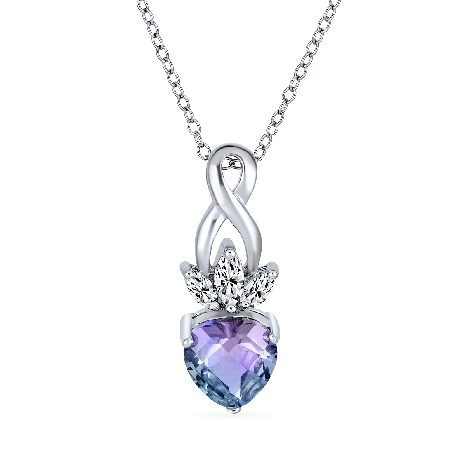 Mystic Purple Blue Heart Shaped CZ Infinity Pendant Necklace & Earrings Set .925 Sterling Silver