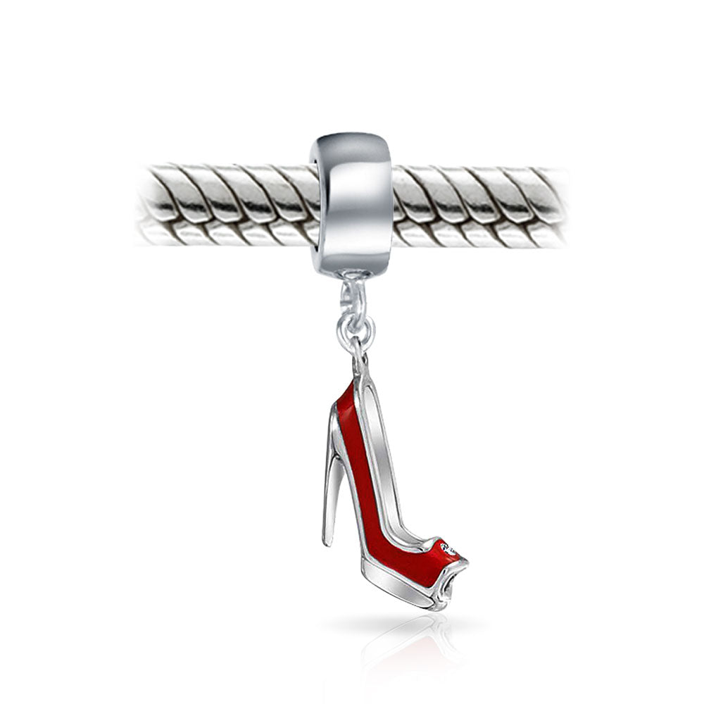 .925 Sterling Silver Designer Style Stiletto Red High Heel Shoe Charm Dangle Charm Bead for Bracelet