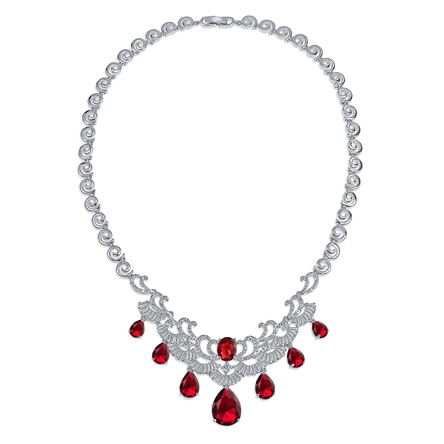 Vintage Art Deco Bridal Red CZ Bib Necklace & Teardrop Earrings Jewelry Set