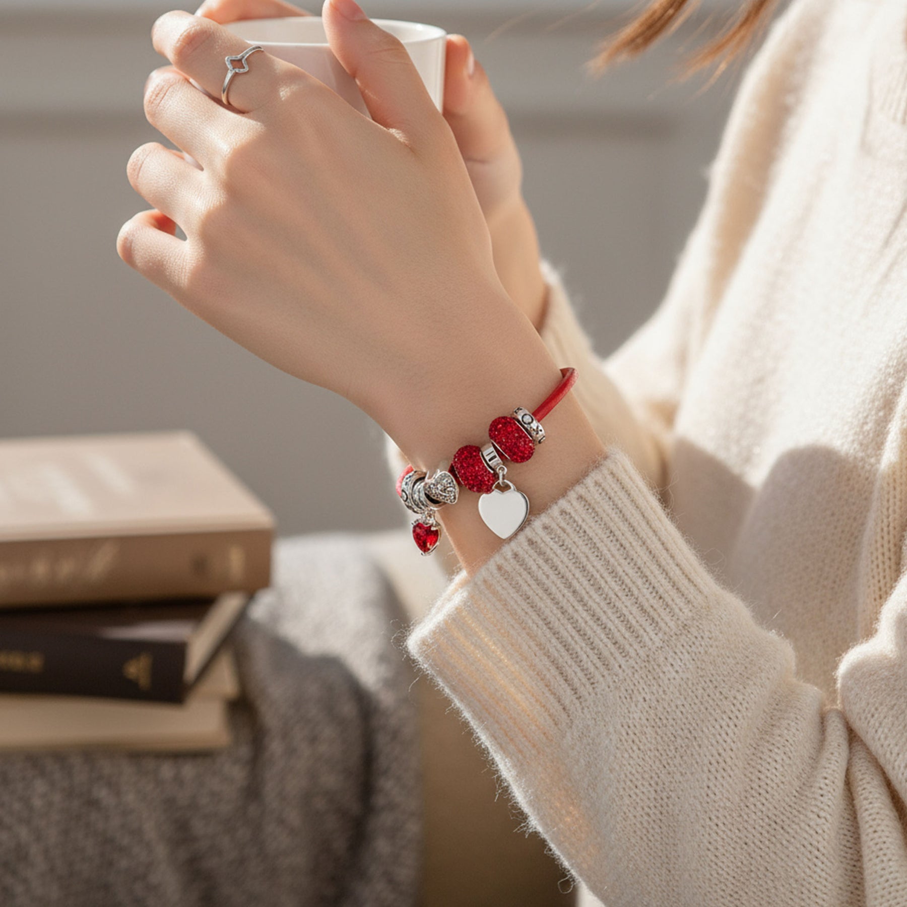 Heart Lover Couples Valentine Charm Bracelet with Red Leather & Silver Clasp