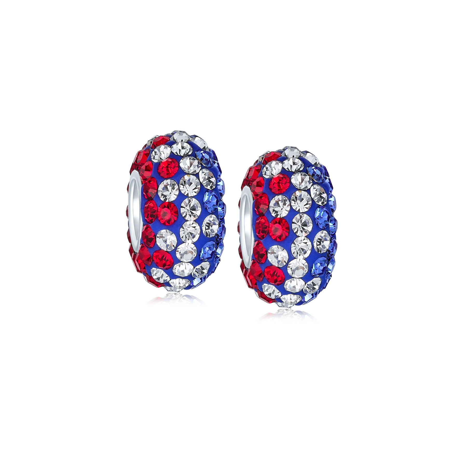 Sterling Silver Red White Blue Patriotic Striped Crystal Spacer Charm Bead Core for Bracelet (Set)