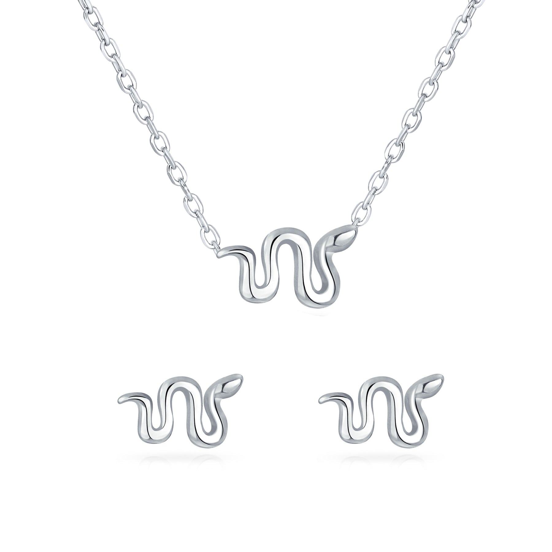 Garden Crawler Reptile Snake Pendant Necklace and Stud Earring Jewelry Set .925 Sterling Silver