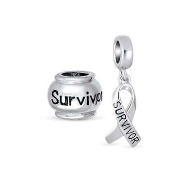 Set of 2 Ribbon Breast Cancer Survivor Message Dangle Charm Bead Silver