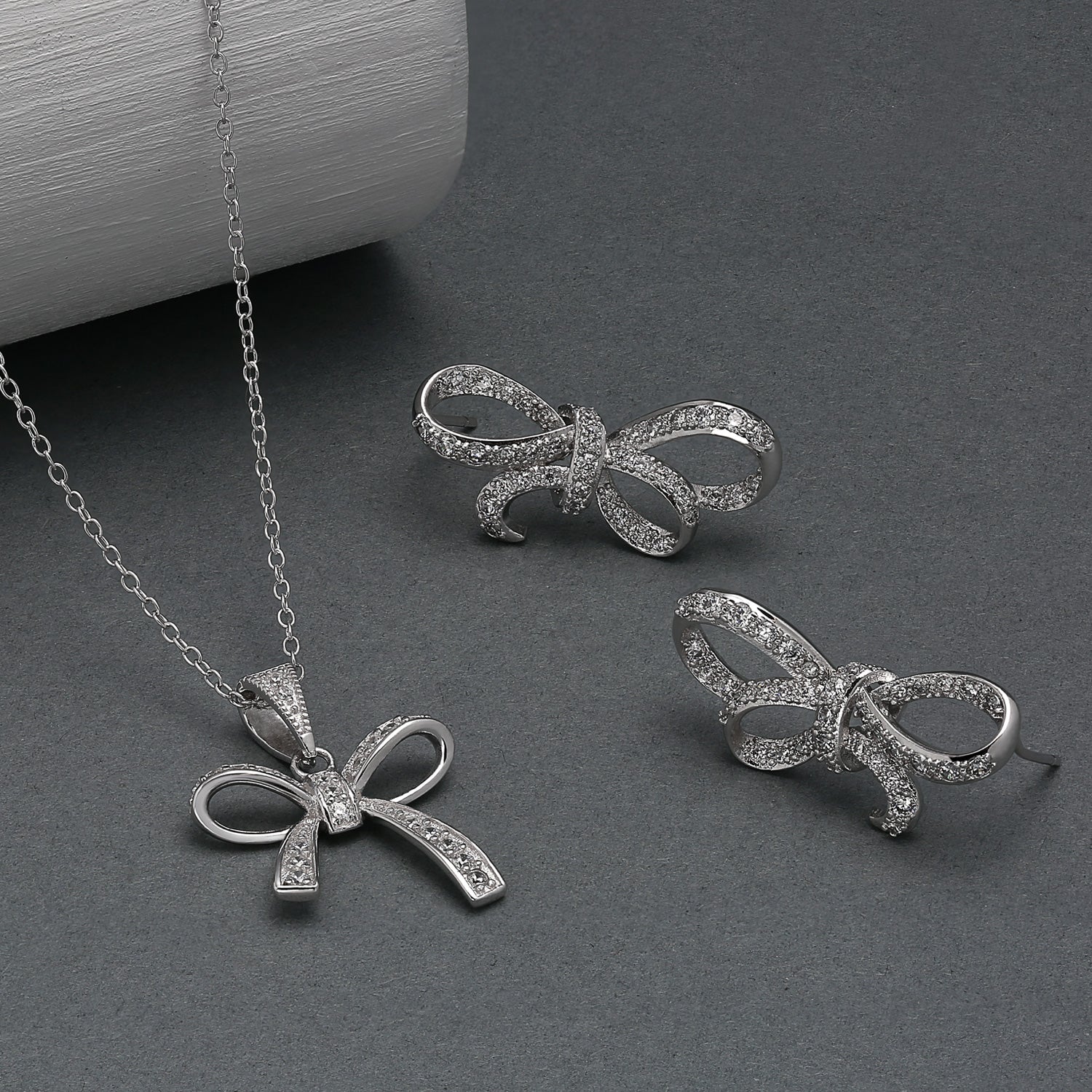 Dainty Cubic Zirconia Pave CZ Station Ribbon Bow Pendant Necklace .925 Sterling Silver