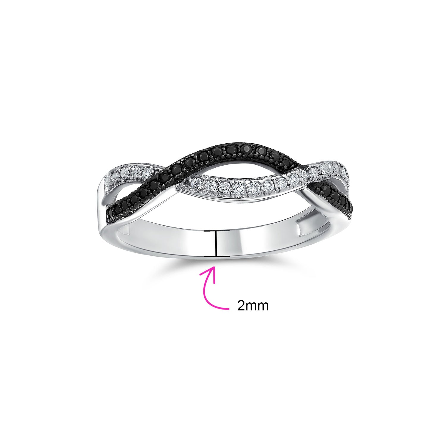 Two Tone CZ Cocktail Statement Ring: Black White Rope Twist Knot Sterling Silver