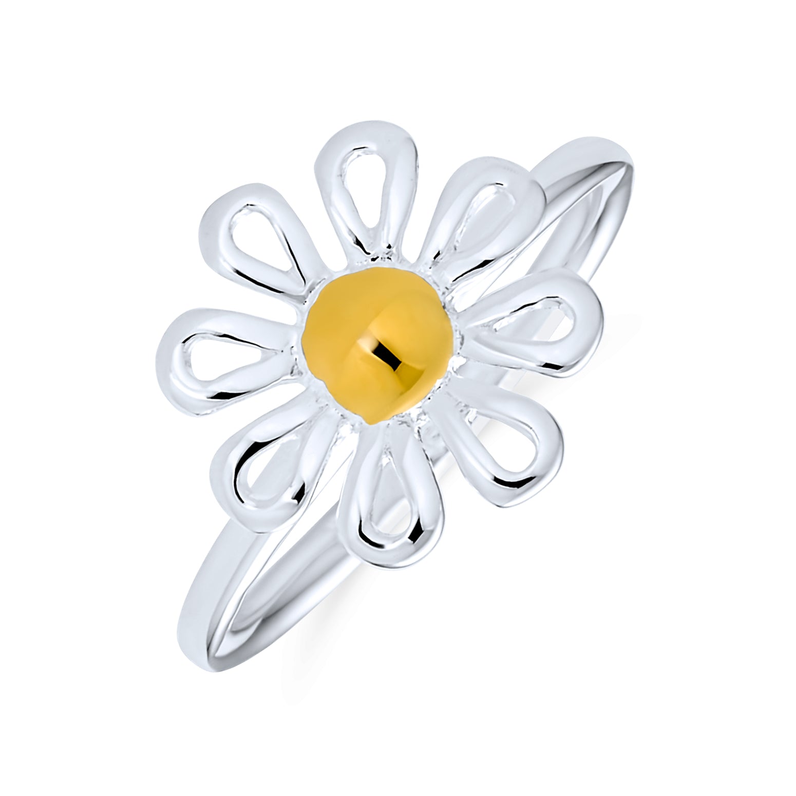 Tiny Two Tone Flower Daisy Ring Thin 1MM Band Gold Plated Sterling Silver