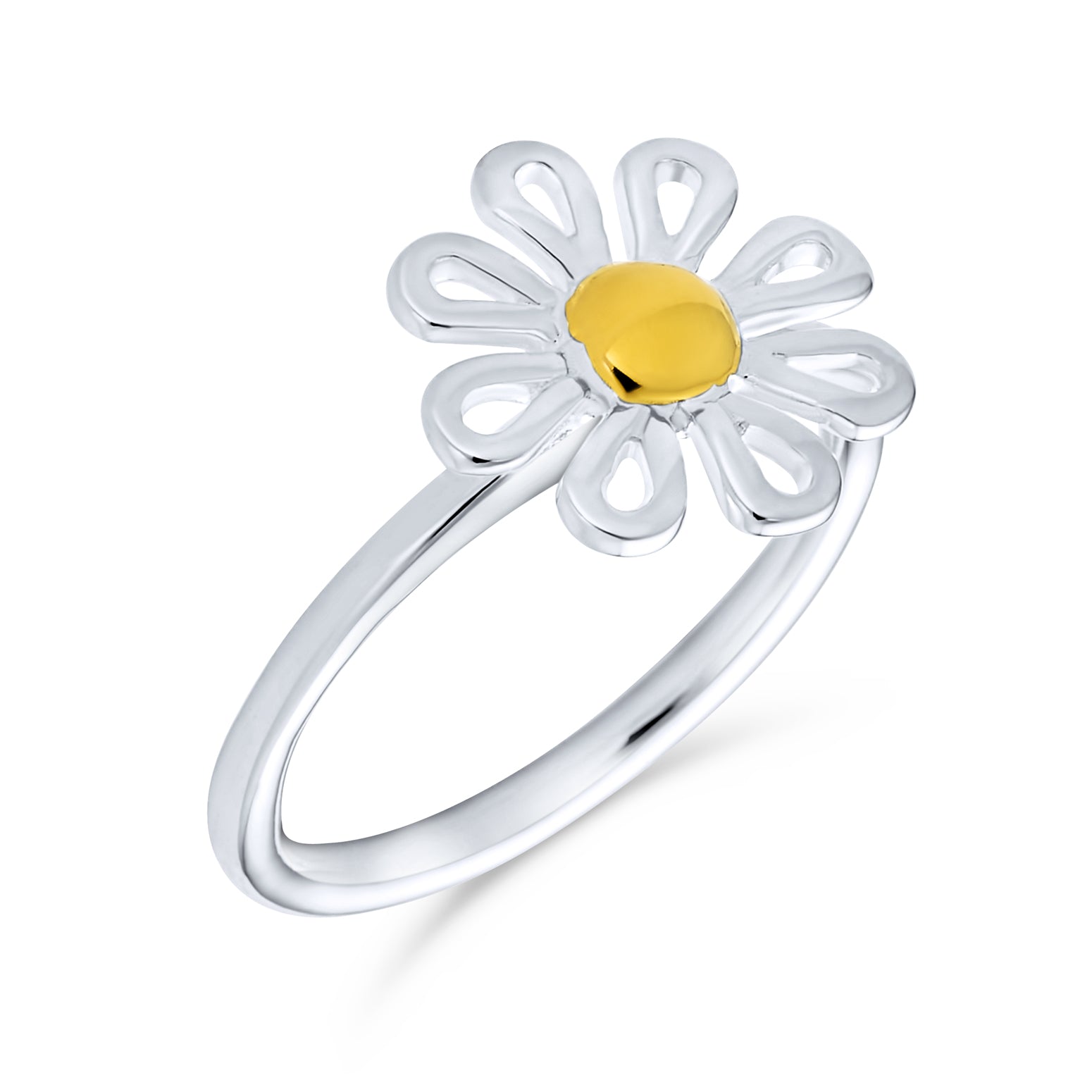 Tiny Two Tone Flower Daisy Ring Thin 1MM Band Gold Plated Sterling Silver
