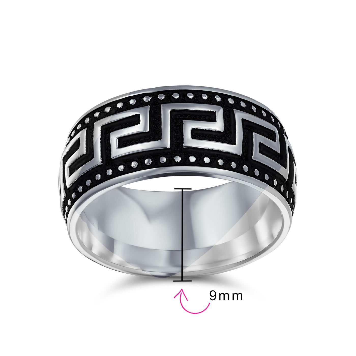 Mens Silver Ring with Geometric Greek Key Design Black & Silver Two-Tone Band