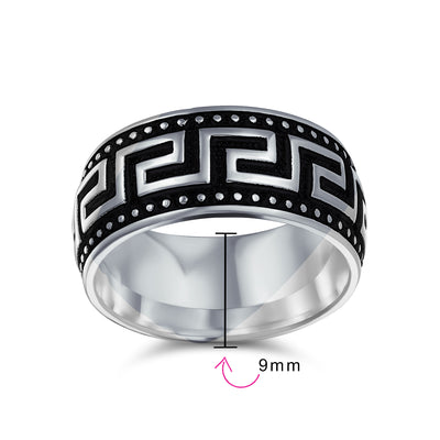 Mens Silver Ring with Geometric Greek Key Design Black & Silver Two-Tone Band