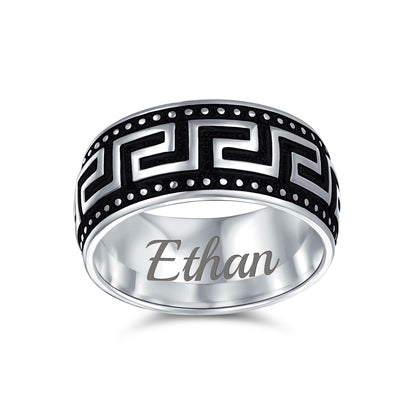 Mens Silver Ring with Geometric Greek Key Design Black & Silver Two-Tone Band