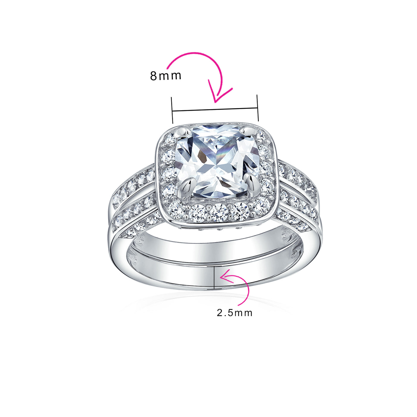 Classic 2CT Cushion Cut Cocktail Statement Ring with CZ Pave Side Stones Sterling Silver