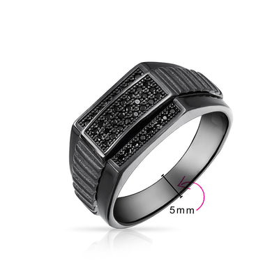 Mens Stainless Steel Geometric Black CZ Rectangle Ring .925 Sterling Silver Signet