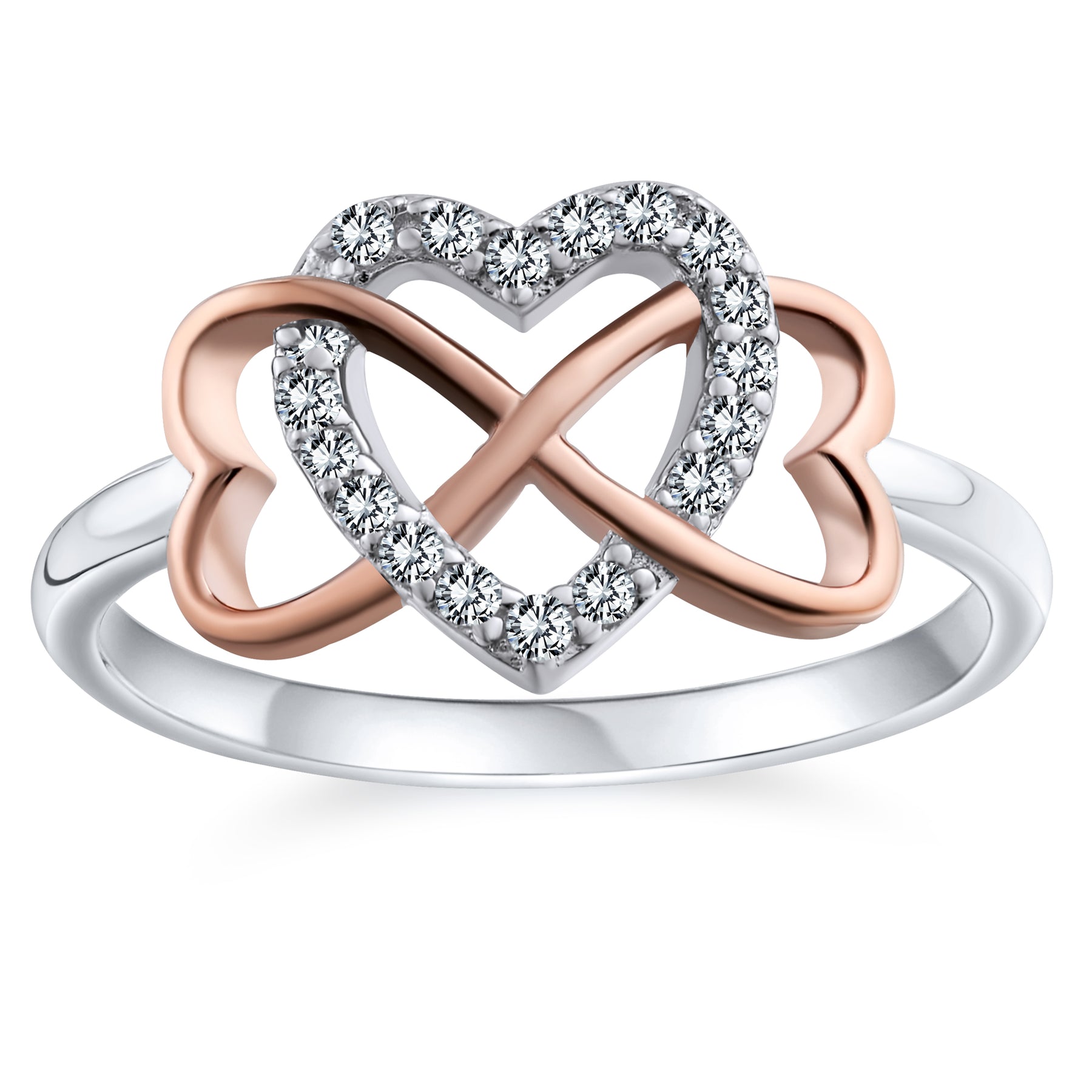 Romantic CZ Pave Cubic Zirconia Intertwined Infinity Forever Heart Promise Ring Rose Gold Sterling Silver