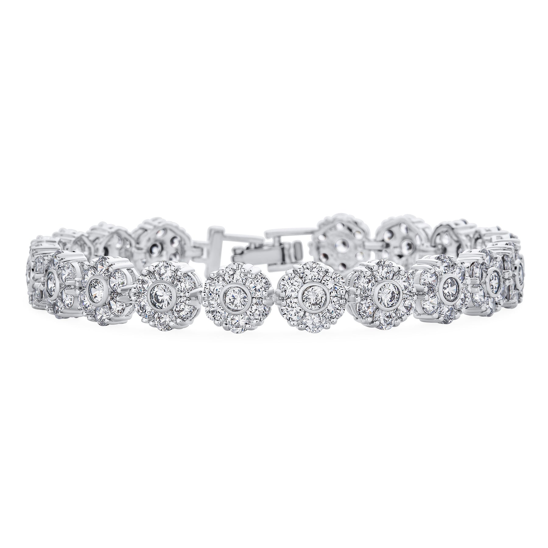 Formal Statement Cubic Zirconia Pave CZ Floral Circlets Rose Flower Motif Tennis Bracelet