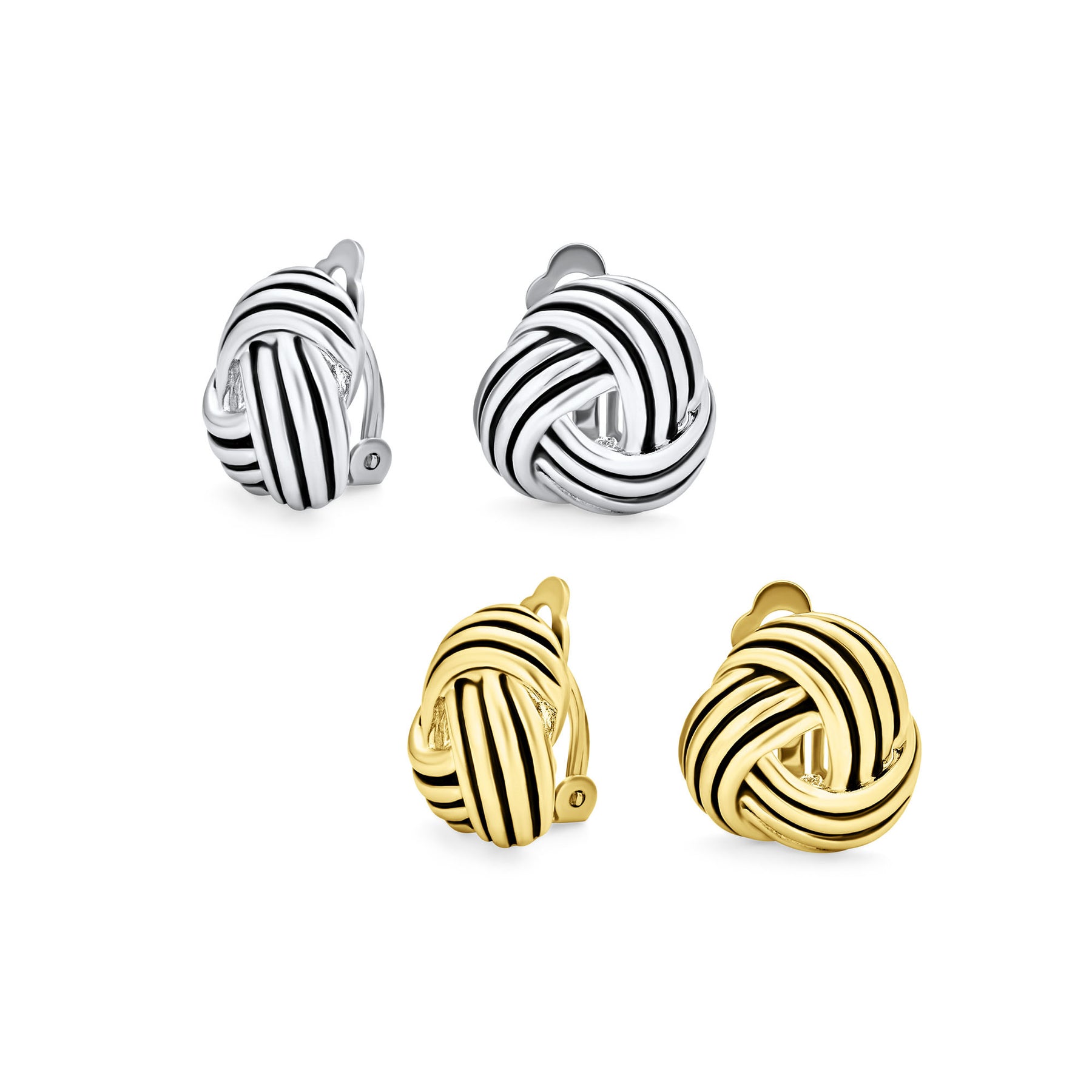 Rope Cable Love Knot Work Clip On Earrings Non Pierced Ears Black Oxidized Gold Plated (Set of 2)